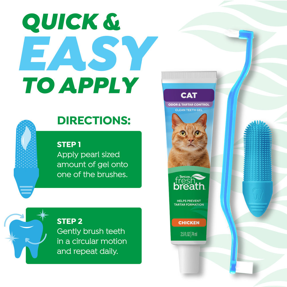 TropiClean Fresh Breath Odor & Tartar Control Dental Kit for Cats, instructions on how to apply on cats