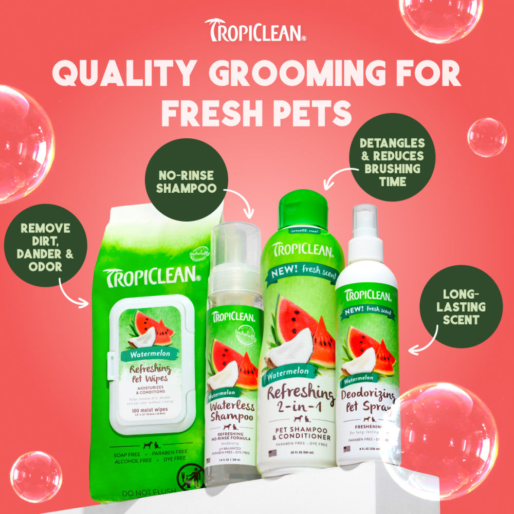 TropiClean pet care products on a pink background with product features highlighted.