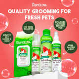 TropiClean pet care products on a pink background with product features highlighted.