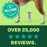 dog standong on light green and green background, "Over 25,000 5 star reviews".