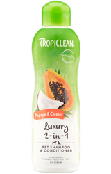 TropiClean Papaya & Coconut 2-In-1 Shampoo and Conditioner for Pets, image of front of 20oz bottle