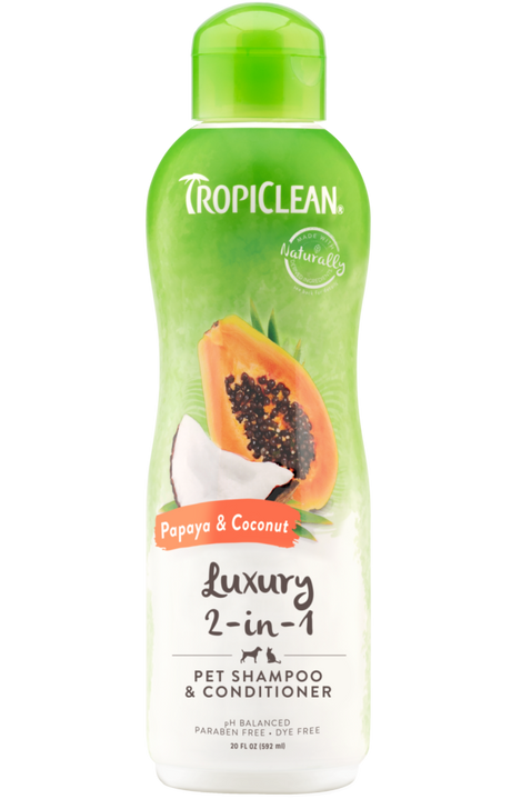 TropiClean Papaya & Coconut 2-In-1 Shampoo and Conditioner for Pets, image of front of 20oz bottle