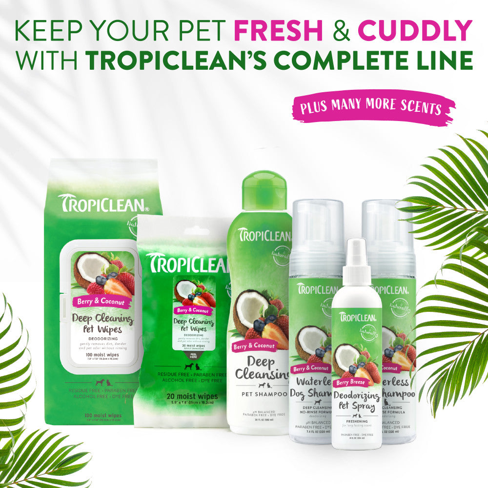 Tropiclean pet care products including shampoo, wipes, and sprays with leafy green background.
