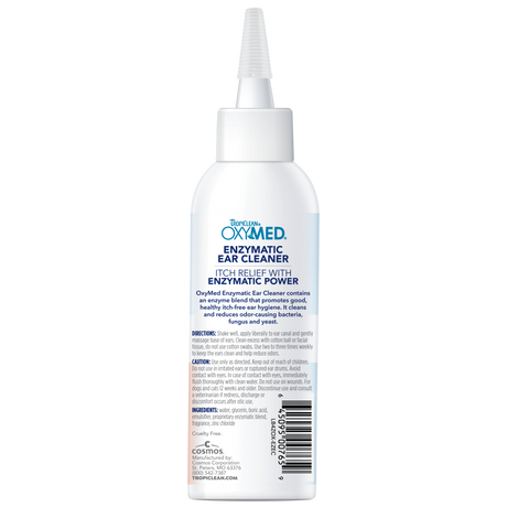 TropiClean OxyMed Enzymatic Ear Cleaner for Pets, image of back of bottle