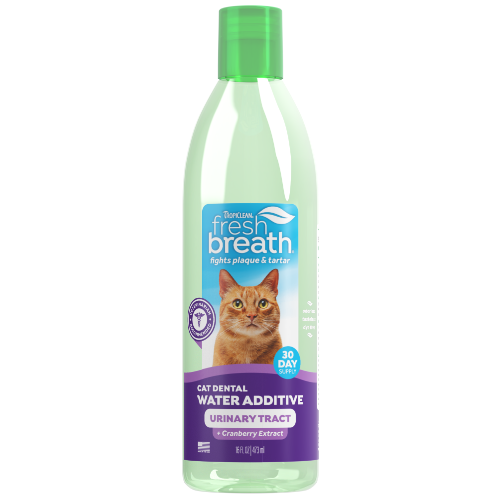 TropiClean Fresh Breath Dental Water Additive + Urinary Tract Support for Cats, front image of bottle