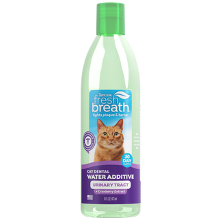TropiClean Fresh Breath Dental Water Additive + Urinary Tract Support for Cats, front image of bottle