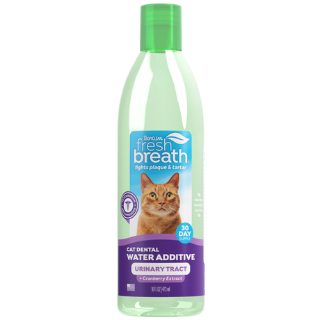 TropiClean Fresh Breath Dental Water Additive + Urinary Tract Support for Cats, front image of bottle