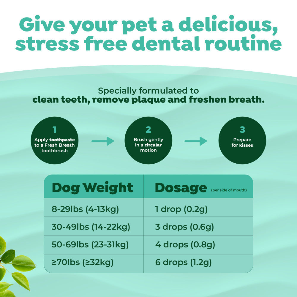 Fresh Breath Enticers Peanut Butter & Honey Tartar Control Dog Dental Kit, dosing instructions for dogs on a light green background.