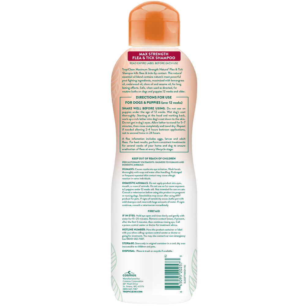 TropiClean Natural Flea and Tick Maximum Strength Shampoo for Dogs, image of back of bottle.