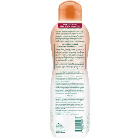 TropiClean Natural Flea and Tick Maximum Strength Shampoo for Dogs, image of back of bottle.