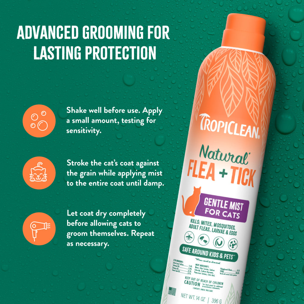TropiClean Natural Flea + Tick Cat + Home Easy Mist Spray bottle on a green background with usage instructions.
