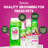 Tropiclean pet care products on a pink background with text highlighting features.