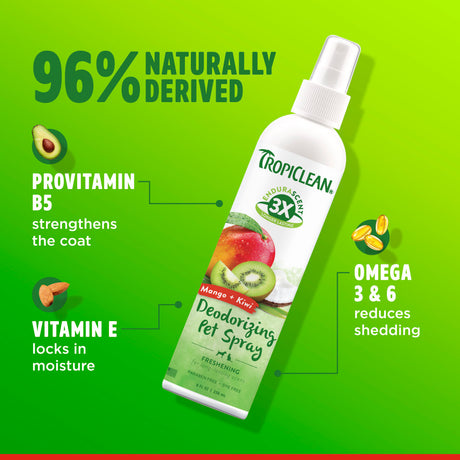 Tropiclean deodorizing pet spray bottle with ingredients listed on a green background