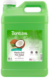 TropiClean Oatmeal & Tea Tree Medicated Itch Relief Shampoo for Pets, front view of 2.5 gal container