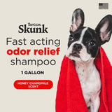 Advertisement for TropiClean Skunk Odor Control Shampoo for Dogs & Cats with a dog wrapped in a red towel.