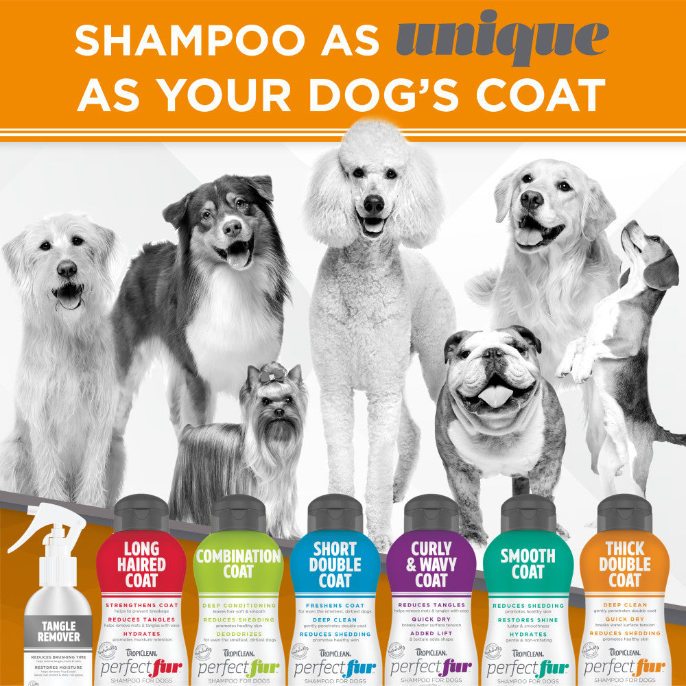 TropiClean Perfect Fur Thick Double Coat Shampoo for Dogs. Advertisement for Perfect Fur dog shampoo complete line and product bottles.