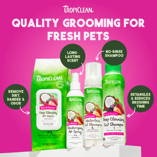 TropiClean pet grooming products on a pink background