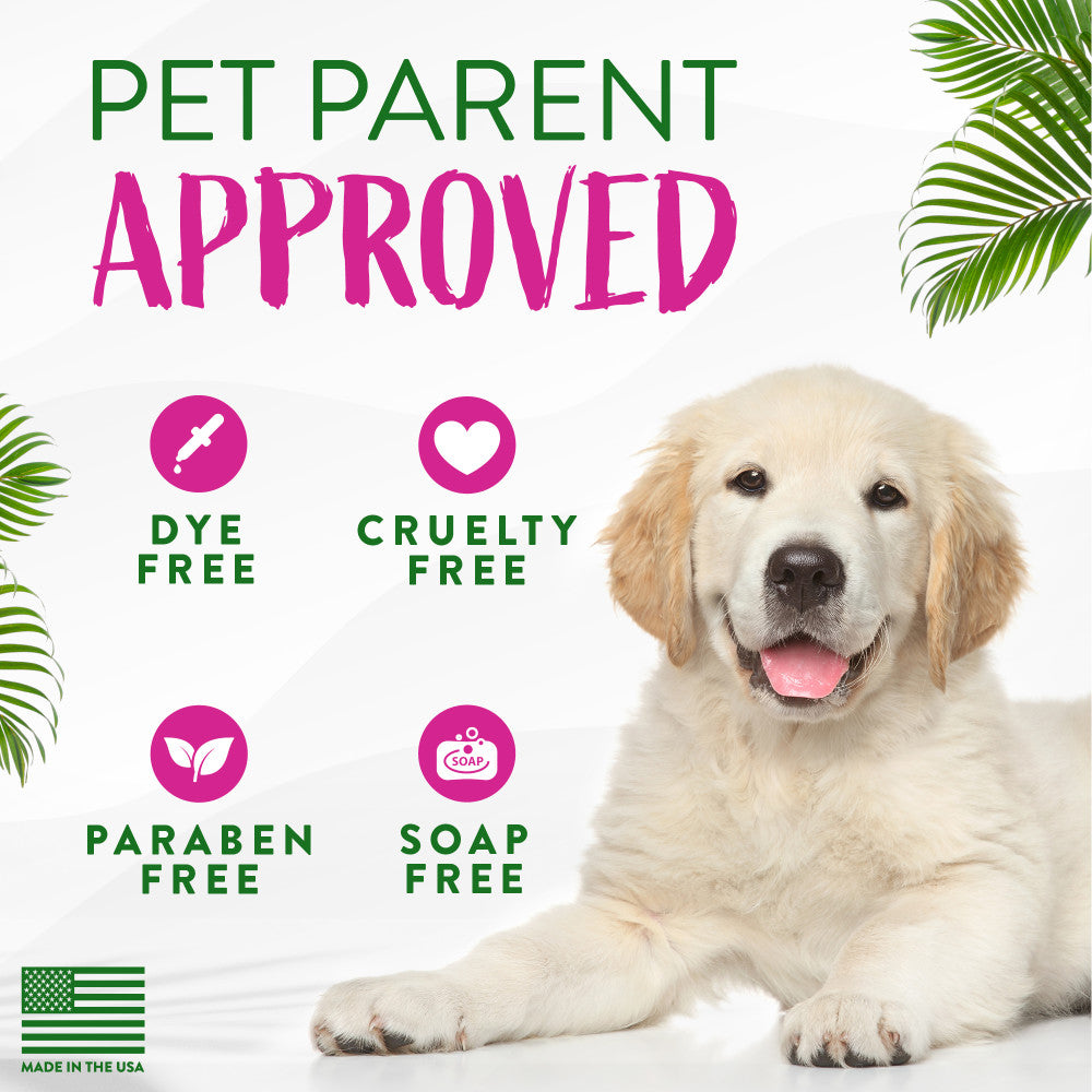 TropiClean Berry & Coconut Deep Cleansing Shampoo for Pets. Dog with 'Pet Parent Approved' label, highlighting dye-free, cruelty-free, paraben-free, soap-free attributes.