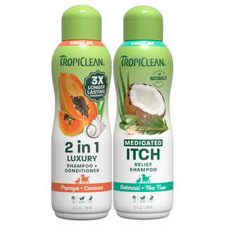 TropiClean Papaya + Coconut Pet Shampoo & TropiClean Oatmeal + Tea Tree Medicated Itch Pet Shampoo