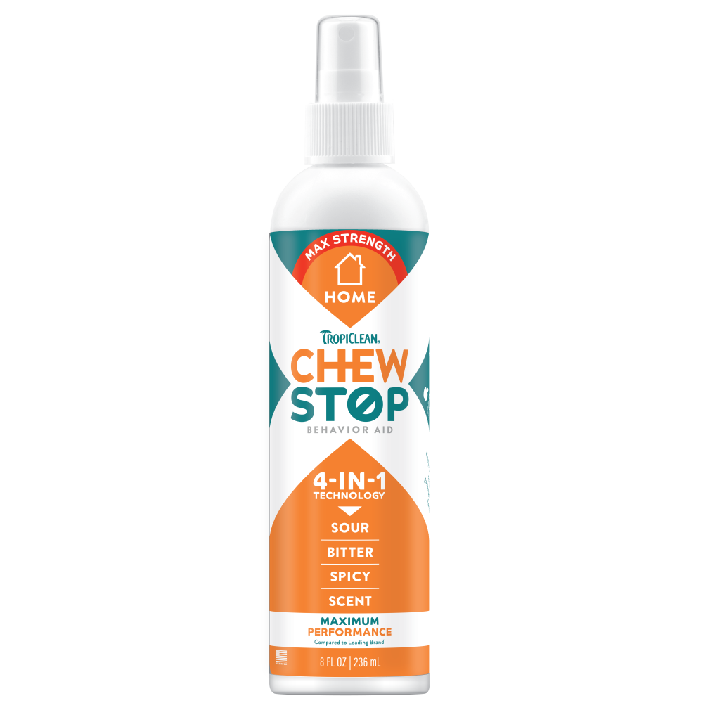 TropiClean Chew Stop Dog Behavior Aid Home Spray, front of 8oz spray bottle