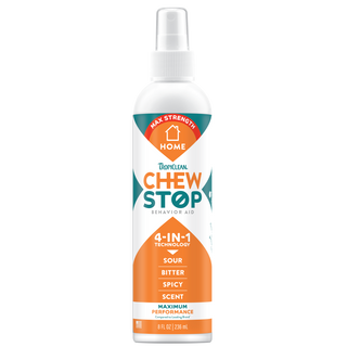 TropiClean Chew Stop Dog Behavior Aid Home Spray, front of 8oz spray bottle
