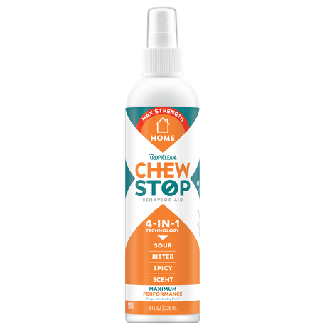 TropiClean Chew Stop Dog Behavior Aid Home Spray, front of 8oz spray bottle