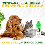 Dog and cat with TropiClean Gentle Coconut Hypoallergenic Puppy and Kitten Shampoo product, formulated for sensitive skin.