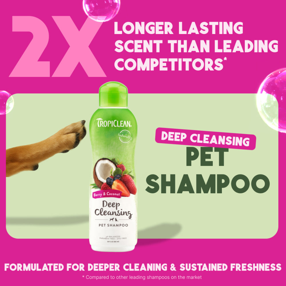 TropiClean Berry & Coconut Deep Cleansing Shampoo for Pets bottle with promotional text
