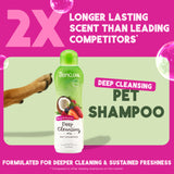 TropiClean Berry & Coconut Deep Cleansing Shampoo for Pets bottle with promotional text
