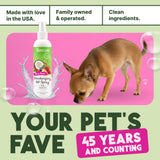 TropiClean Berry Breeze Deodorizing Spray for Pets bottle with a dog on a pink background, featuring text about family ownership and product features.