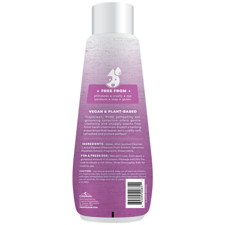 TropiClean PURE Brightening Bliss Whitening Plant-Based Dog Shampoo, back of 22oz bottle