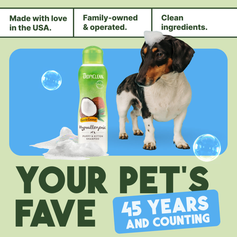 TropiClean Gentle Coconut Hypoallergenic Puppy and Kitten Shampoo with a dog and text about family-owned operation and clean ingredients.
