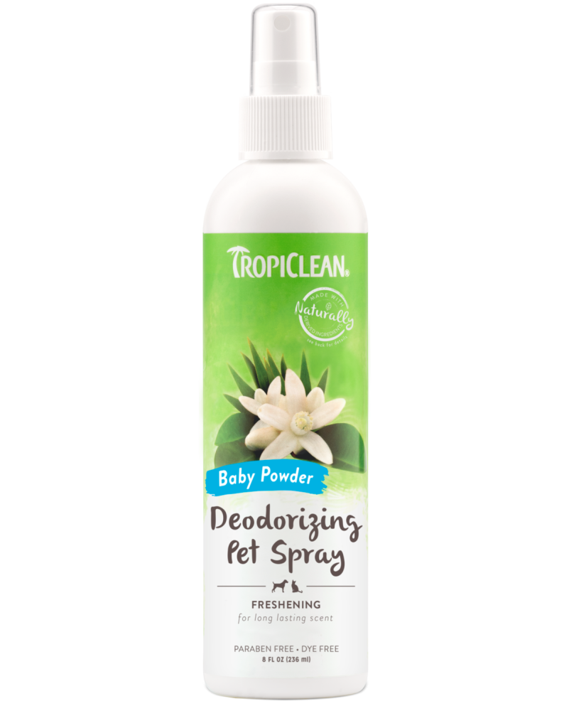 TropiClean Baby Powder Deodorizing Spray for Dogs & Cats, front image of bottle