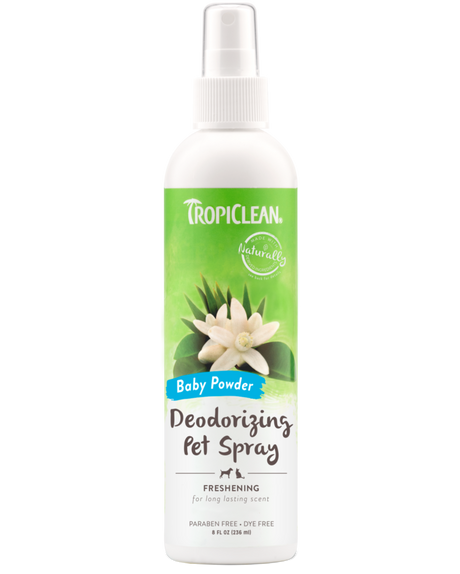 TropiClean Baby Powder Deodorizing Spray for Dogs & Cats, front image of bottle