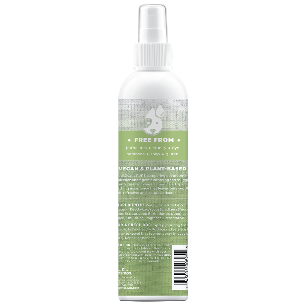 TropiClean PURE Sweet Meadow Deodorizing Spray for Dogs and Cats, back of 8oz spray bottle