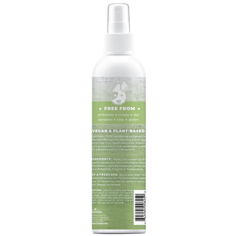 TropiClean PURE Sweet Meadow Deodorizing Spray for Dogs and Cats, back of 8oz spray bottle