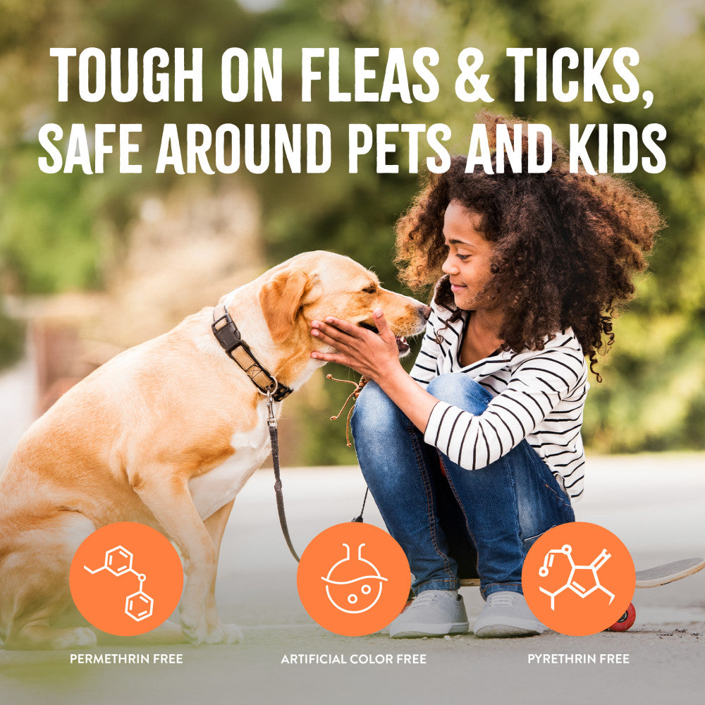 Girl petting a dog with text about product safety, surrounded by icons indicating features. TropiClean Natural Flea + Tick Dog + Home Easy Mist Spray