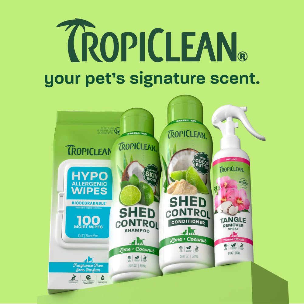 TropiClean line up on light green background.