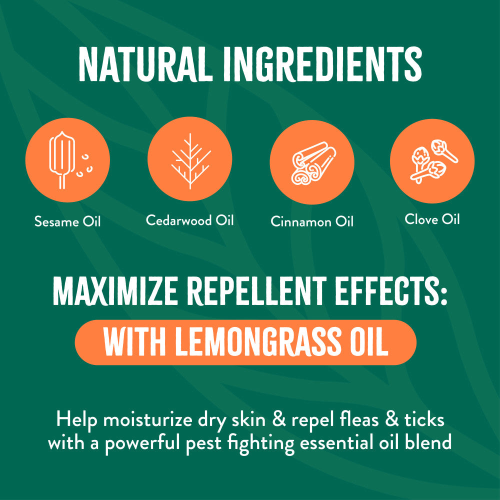 TropiClean Natural Flea and Tick Maximum Strength Shampoo for Dogs. Promotional graphic for natural ingredients with icons and text on a green background.