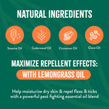 TropiClean Natural Flea and Tick Maximum Strength Shampoo for Dogs. Promotional graphic for natural ingredients with icons and text on a green background.