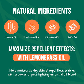 TropiClean Natural Flea and Tick Maximum Strength Shampoo for Dogs. Promotional graphic for natural ingredients with icons and text on a green background.