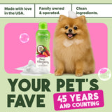 TropiClean Berry & Coconut Deep Cleansing Shampoo for Cats & Kittens bottle with a dog on a pink mat, text about family ownership and product features.