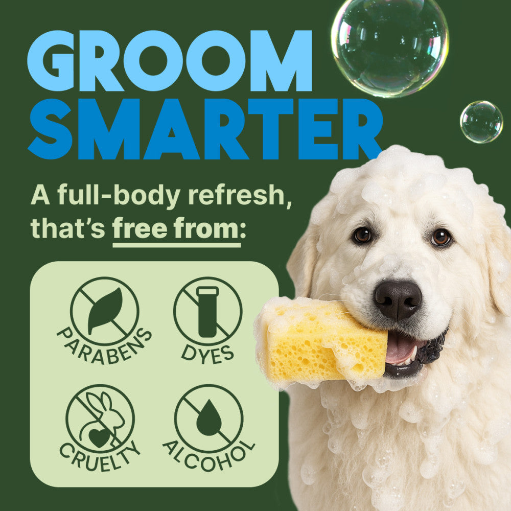 Dog holding a sponge with 'Groom Smarter' text and product benefits of TropiClean Lime & Coconut Shed Control Shampoo for Pets