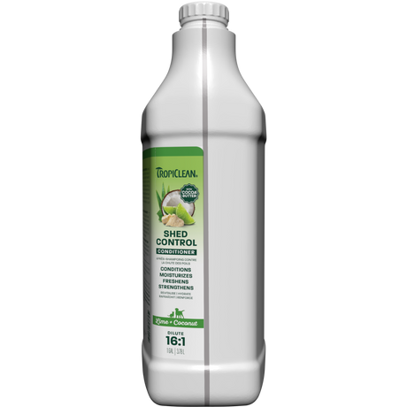 TropiClean Shed Control conditioner bottle side view on a white background