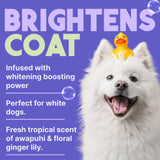 White dog with a rubber duck on its head with text about this product for white dogs.