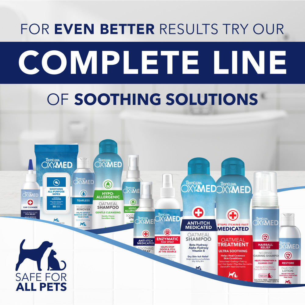 OxyMed pet care products with text promoting a complete line of soothing solutions.