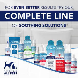 OxyMed pet care products with text promoting a complete line of soothing solutions.