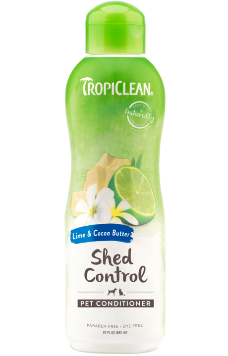 TropiClean Lime & Cocoa Butter Shed Control Conditioner for Pets, front of bottle