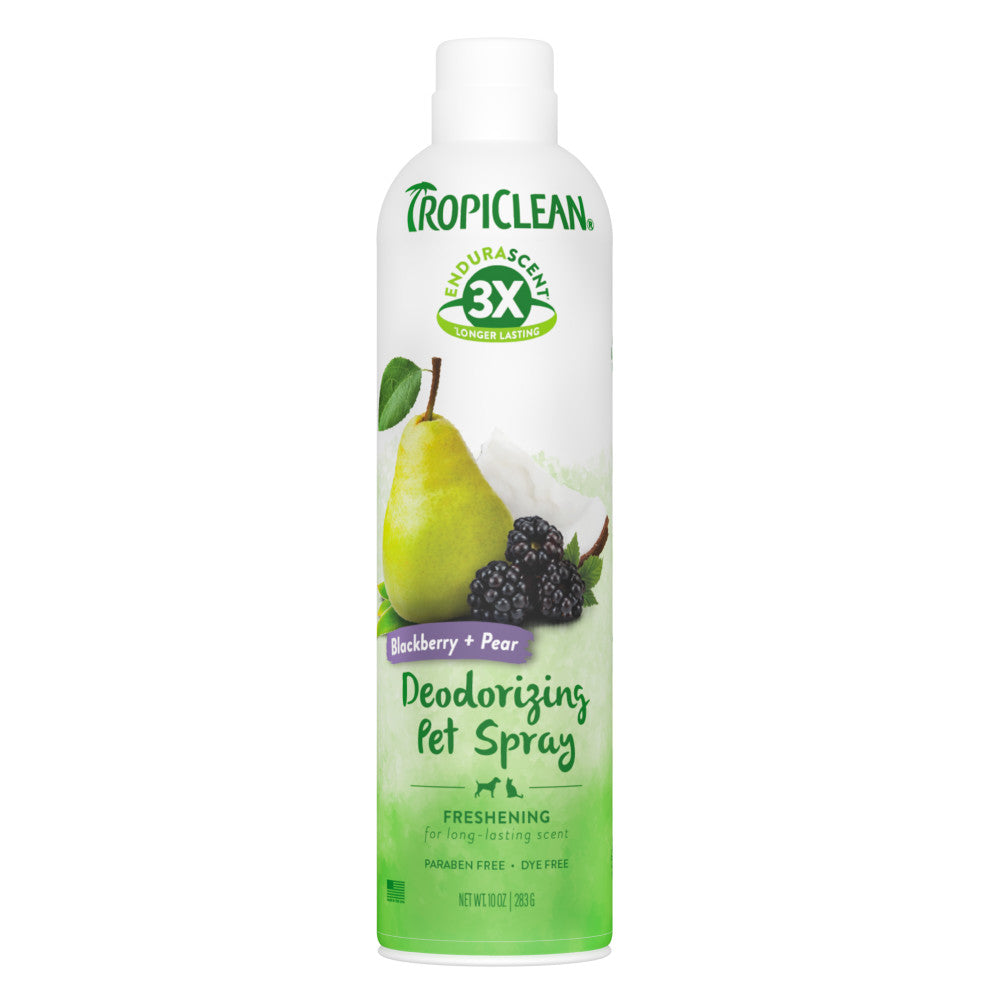 TropiClean EnduraScent Blackberry Pear Pet Deodorizing Mist Spray, image of front of bottle