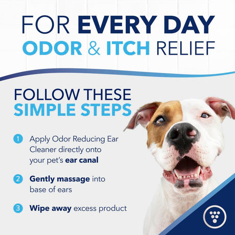 TropiClean OxyMed Ear Cleaner for Dogs and Cats, dog with text on odor and itch relief for pets